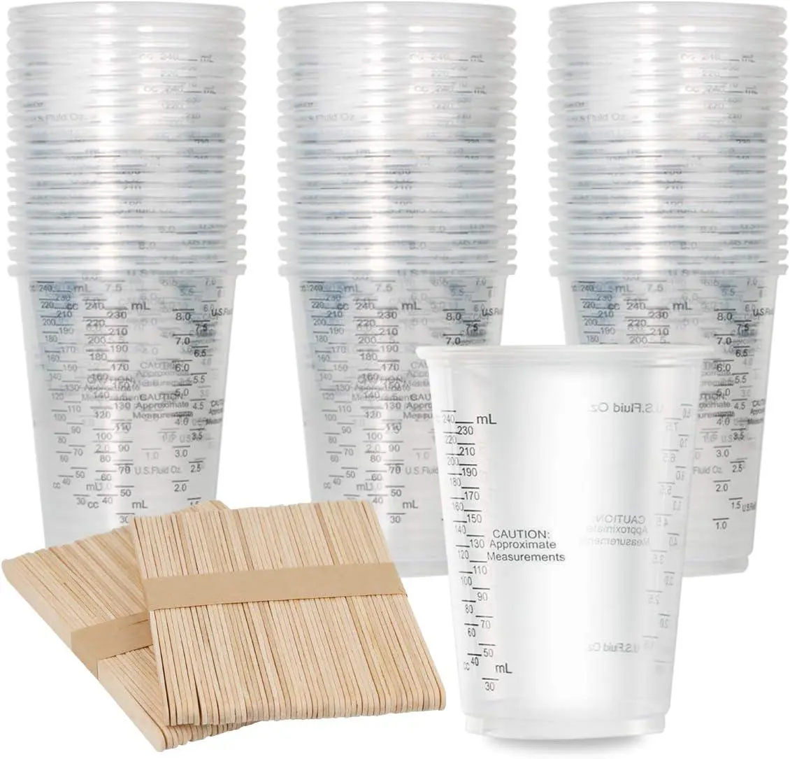 200 PCS Clear Plastic Measuring Cups with Graduation Marks (8Oz) - Available in Packs Includes Stirring Sticks, Ideal for Mixing Pigments, Color Powders, Epoxy Resins, And Paints, As Well As for Jewelry Casting