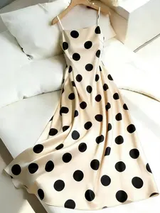 Polka Dot Satin Halter Midi Dress Womenswear, Elegant Chic Fitted Style, Perfect for Vacation, Breakfast, Office, Date, Wedding, Travel, Daily Wear