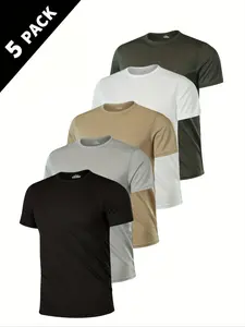 5 Piece High-Quality Athletic Crew Neck T-Shirts, Super Breathable, Quick-Dry, Moisture-Wicking, Perfect for Summer Exercise, Running, Gym, Casual Wear