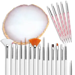21 Pcs Professional Nail Art Tool Set, All In One Manicure Kit, Painting Brushes & 2-Way Dotting Pens, Gold Rim Resin Palette, Premium Nail Extension Gel Brush, Aesthetic DIY Nail Supplies for Home Salon Nail Tech Decor, Trendy Beauty Gift