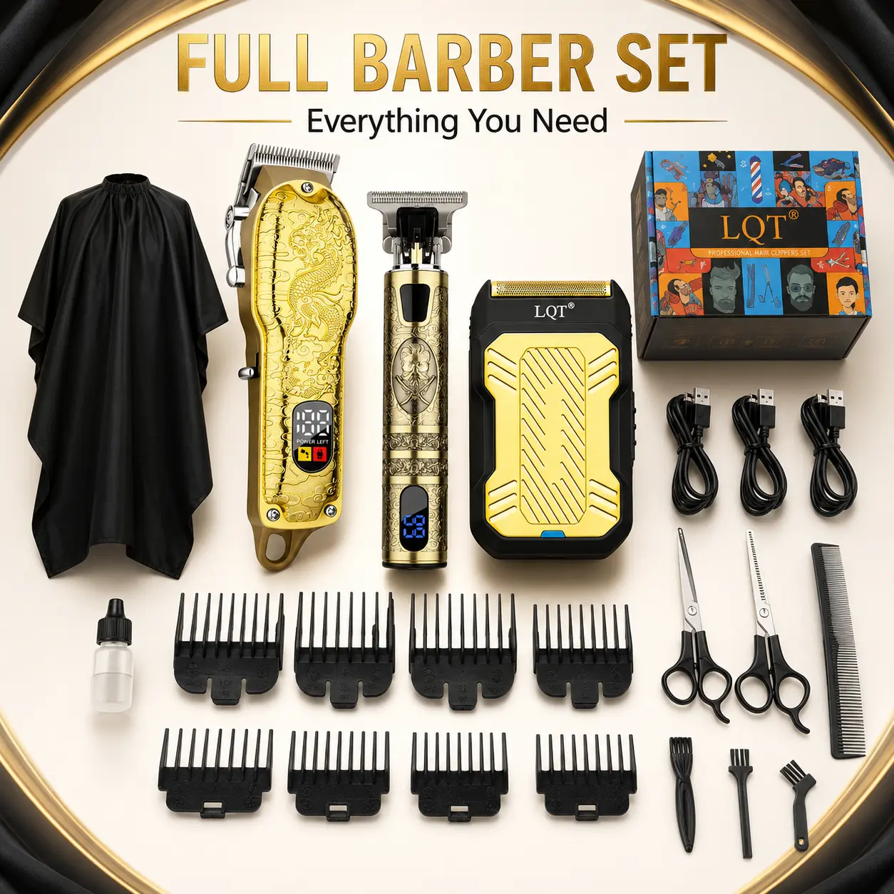 LQT Men's 3-in-1 Professional Daily Hair Clippers Set - Cordless Kit with T-Blade Trimmer, Foil Shaver, 8 Guide Combs, LED Display, Gold Luxury Barber Grooming Gift Set