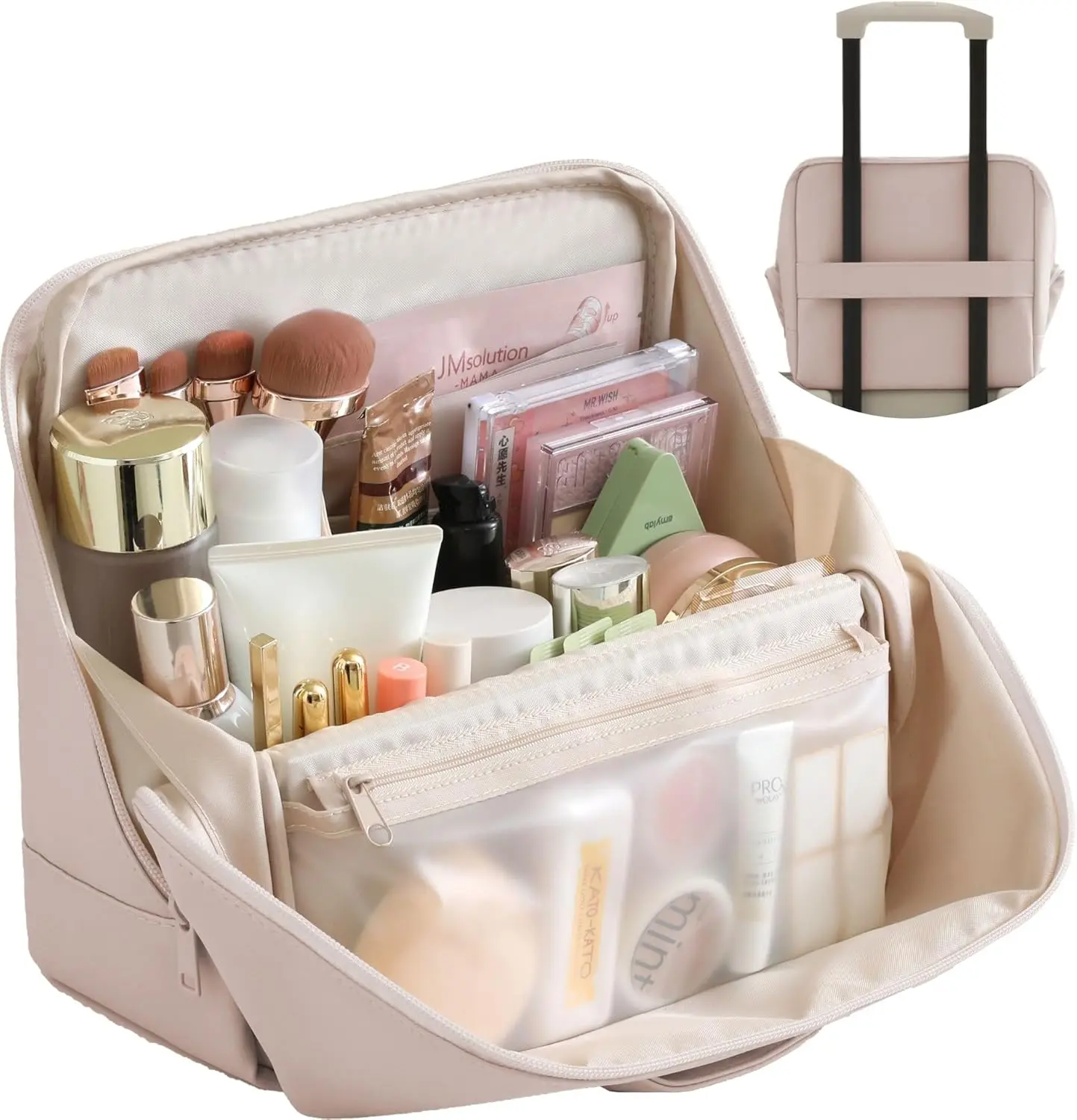 Clean Girl Makeup Bag with Luggage Strap, Waterproof Travel Cosmetic Organizer for Toiletries & Skincare