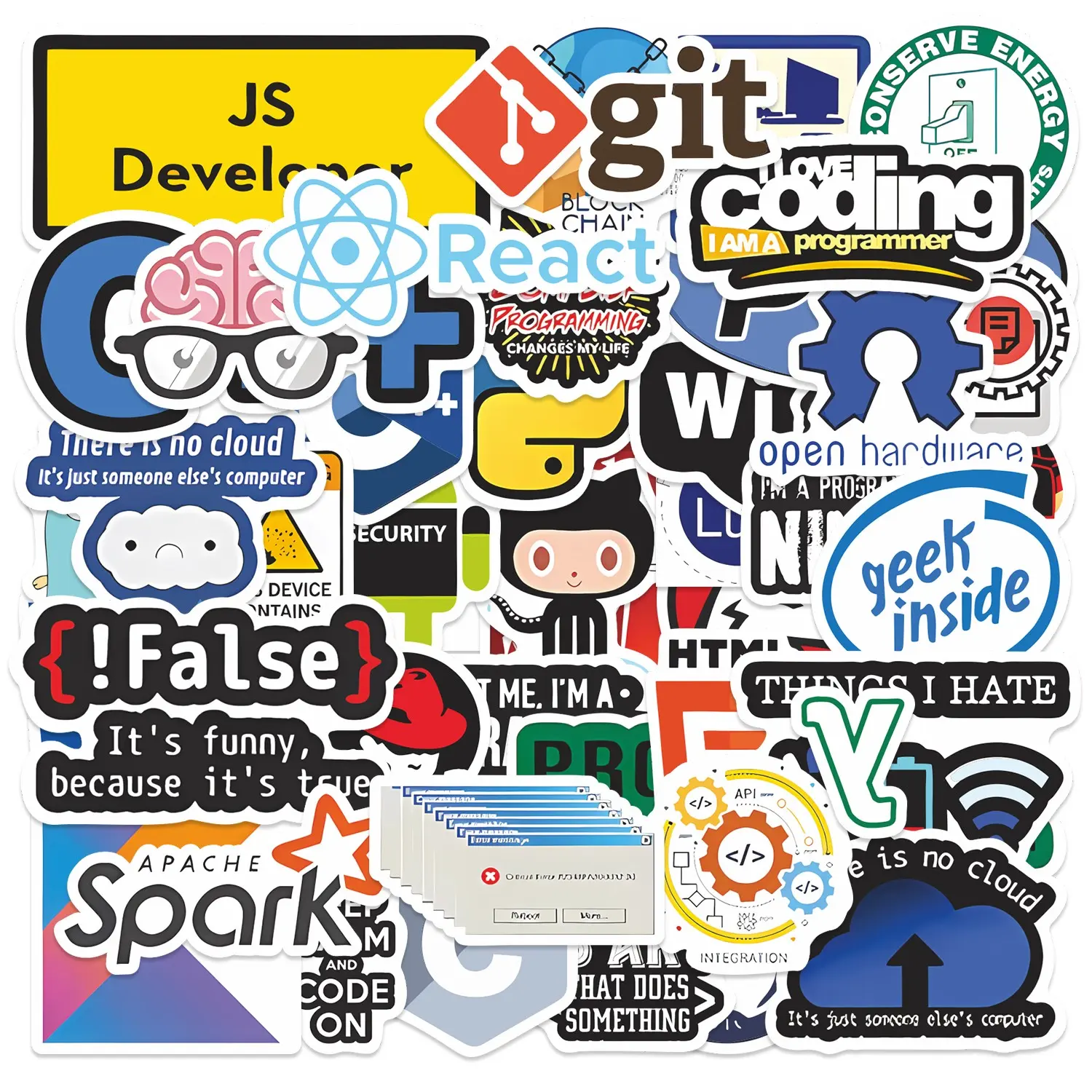 50pcs Coding Programmer Stickers Pack, Waterproof Tech Geek Decals for Laptop, Water Bottle, Notebook & Skateboard, Developer Gift