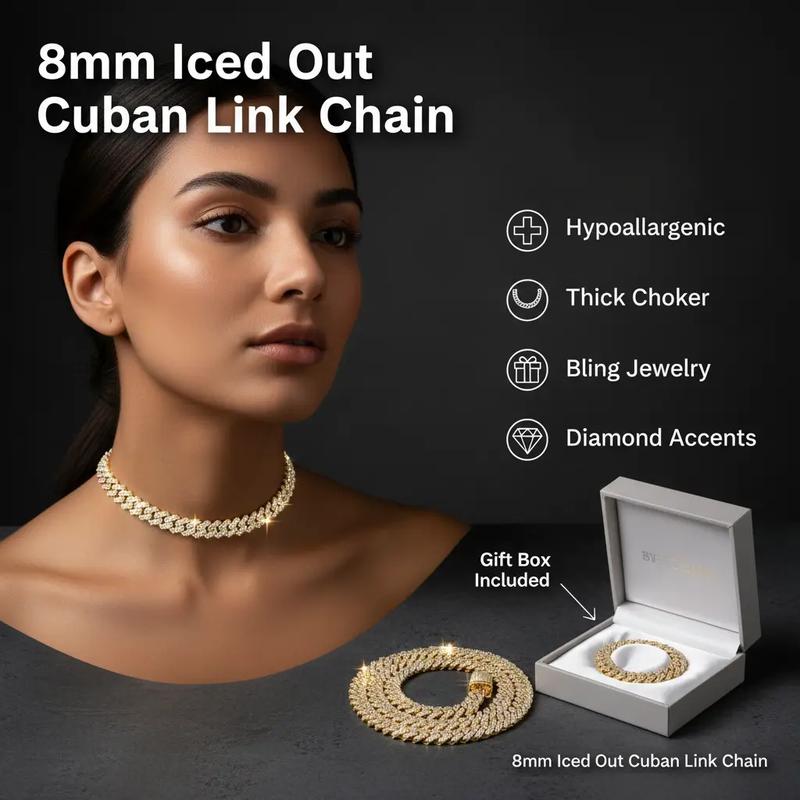 8mm Heavy Iced Out Cuban Link Chain 18K White Gold Plated Diamond Thick Choker Necklace for Men Women Hypoallergenic Bling Hip Hop Jewelry with Gift Box valentines gifts for gf chains men's valentine's gifts heavy chain