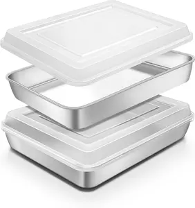 Stainless Steel Deep Rectangular Baking Pan Set with Lids, 12⅓ x 9¾ x 2 Inch, 2 Pans + 2 Lids Heavy Duty Pans for Cakes Brownies Cookies, Dishwasher Fridge Oven Safe