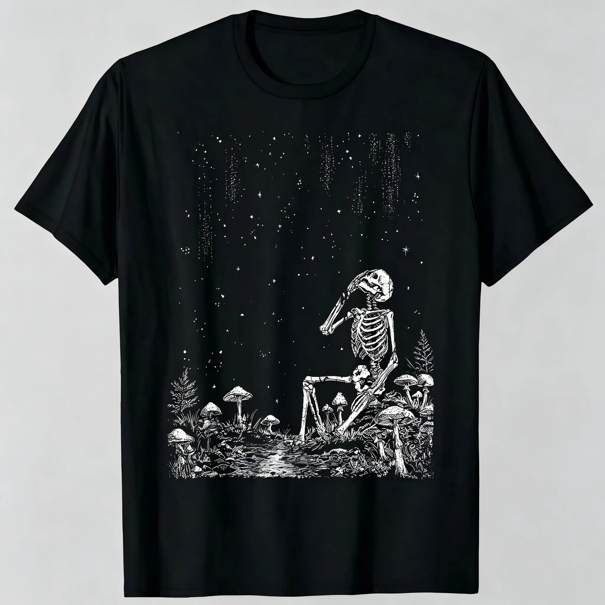 Thinking Skeleton Starry Night Forest Mushrooms Unisex T-Shirt for Men & Women - Woodcut Gothic Aesthetic Design, Soft Cotton Crew Neck Short Sleeve, Comfortable All-Season Tee, Perfect for Everyday Casual & Dark Cottagecore Style, Machine Washable
