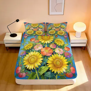 3pcs Fitted Sheet Boho Style, Sunflower & Floral Theme Bedding, Multicolor, Watercolor Flower Print with Dewdrops, for Bedroom Decor(1 Fitted sheet+2 pillowcases, Without Core)