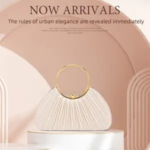 Women's Pleated Satin Evening Bag - Ring Handle Clutch, Luxury Cream Gold Metal Circle Handheld Purse, Elegant Chain Crossbody for Wedding Bridal Prom Events