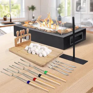 Portable Tabletop Fire Pit for Camping, Smokeless Stainless Steel with Cobblestone & Glass, Indoor/Outdoor Fireplace with Handle for Dinner Parties & Smores, Perfect for Campsites