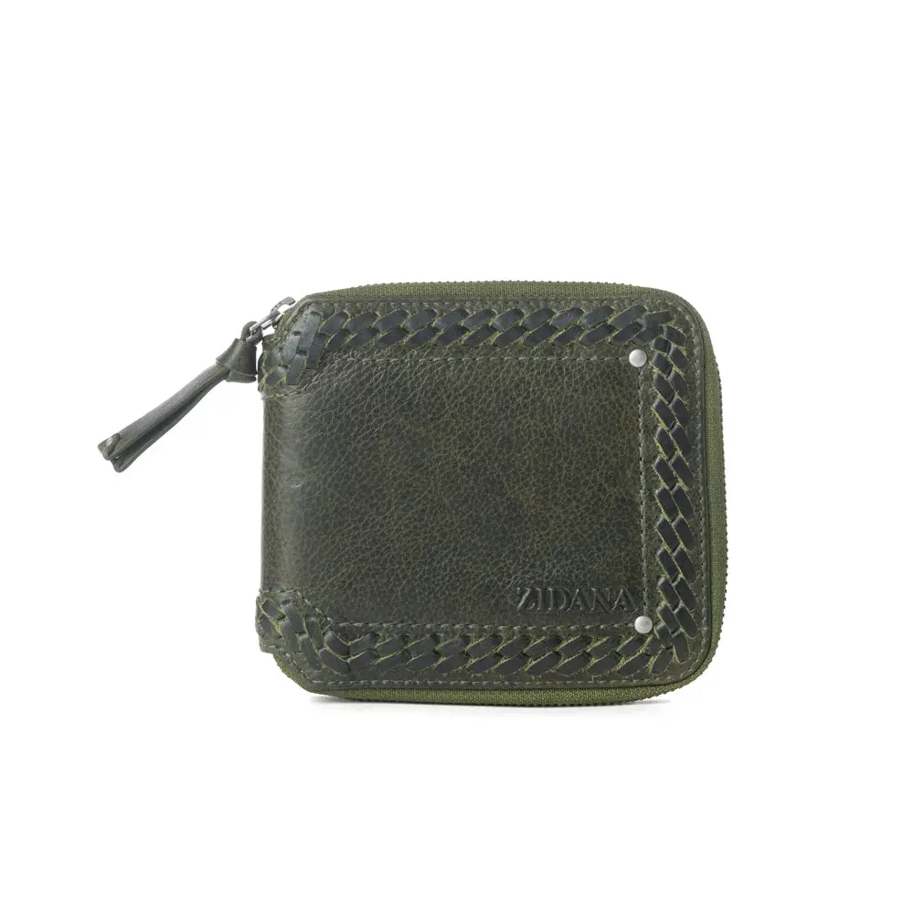 Myra Zidana Dante Men's Veg Tanned Leather Wallet - Army Ivy Color, Cowboy Look, Casual Woven Brick-Like Texture, Multi-Compartment, Card Slots, Everyday Carry, Western-Inspired Craftsmanship