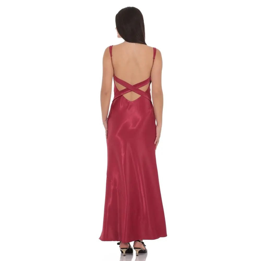 Satin Open Back Maxi Dress in Maroon