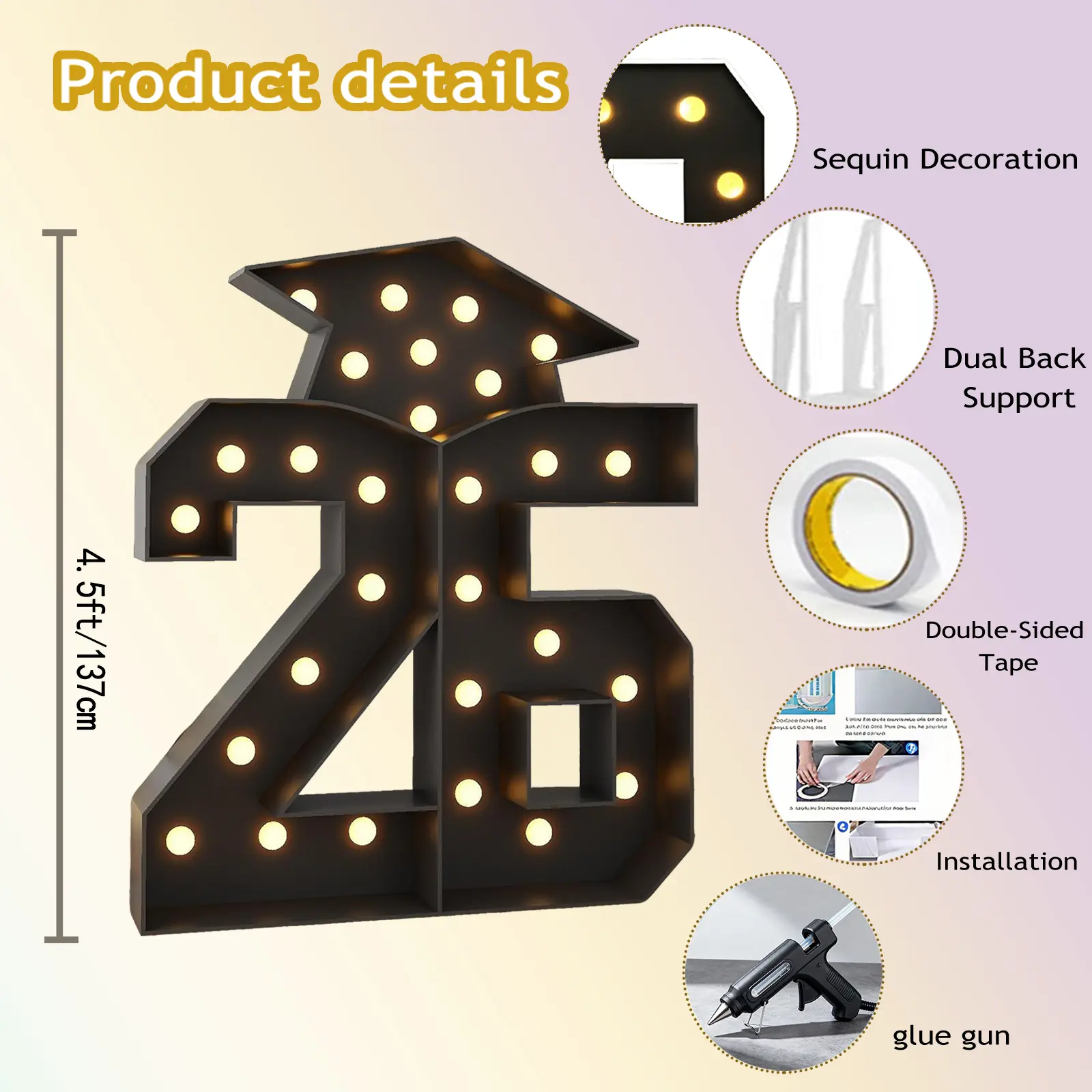 KEQU 4FT Lighted Letter Decoration Set with Banner Accessories - Photo Props for Graduation (Primary/High School/University) & 26-Year Festive Party Activities