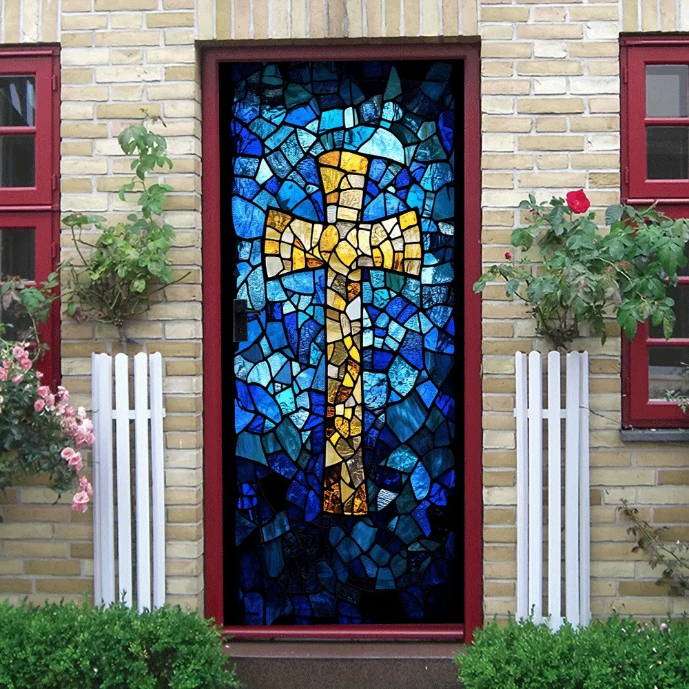 2pcs   Stained Glass Style Cross Wall Decal Christian Themed Home Decor Sticker Self Adhesive Removable Living Room Bedroom Church Background Wall Art Religious Faith Decorative Mural  Collage Self-A