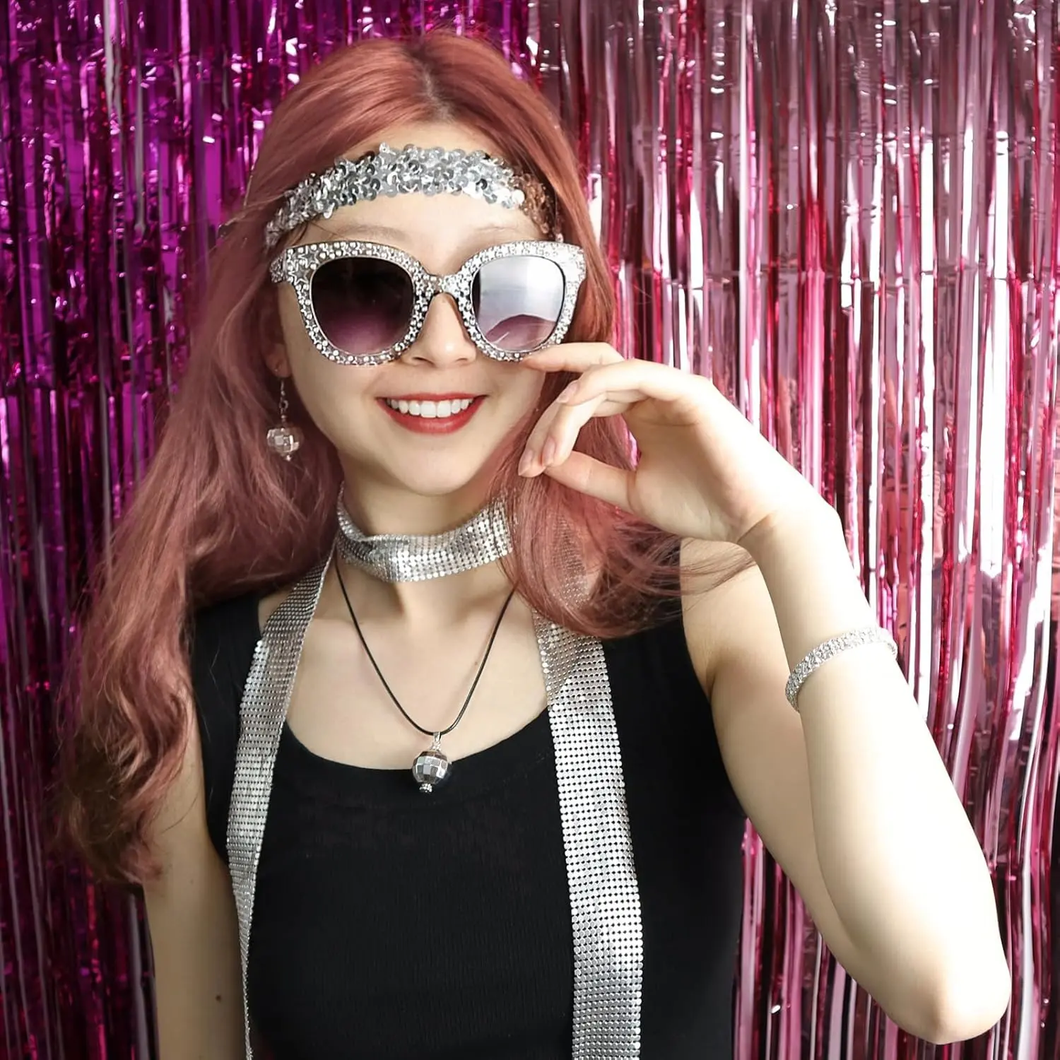 70s Disco Accessories Set Women\'s Sequin Scarf Earrings Sunglasses Jewelry ZenCart 5 Pcs/Set Women Jewelry Set Sequin Rhinestone Decor  main image 2