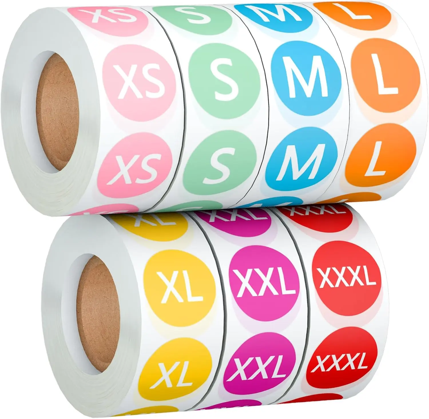 3500 count 7 Rolls 7 Sizes 7/8" Clothing Size Stickers Labels, Colorful Coded Round Self Adhesive Apparel Size Labels for Clothing T Shirts Trousers Skirt Retail (XS, S, M, L, XL, XXL, XXXL)
