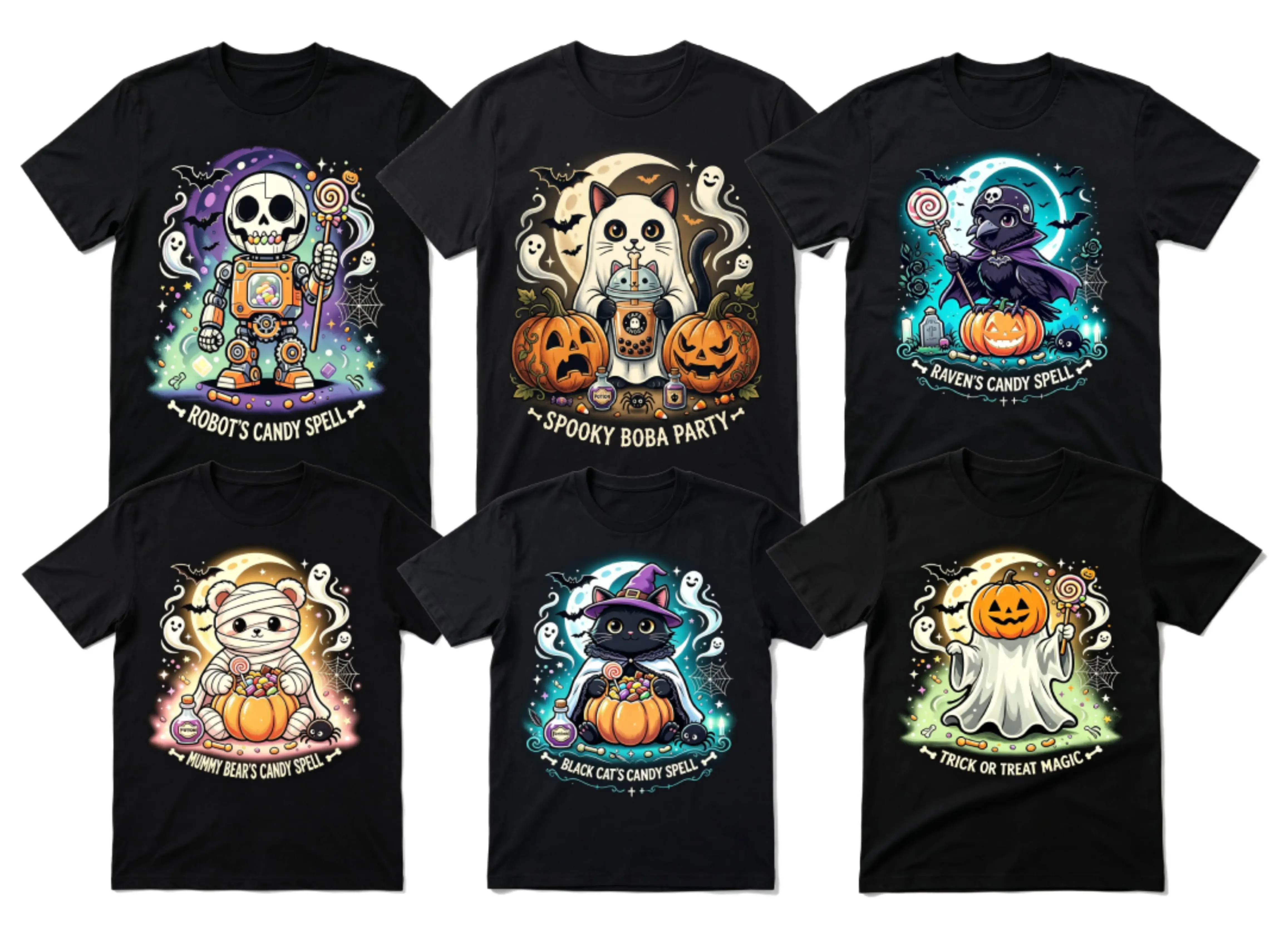 Halloween Cute T‑Shirts for Men Women, Spooky Ghost Cat Pumpkin Raven Mummy Bear Robot Tees, Funny Halloween Candy Spell Graphic Short Sleeve Cotton T‑Shirt