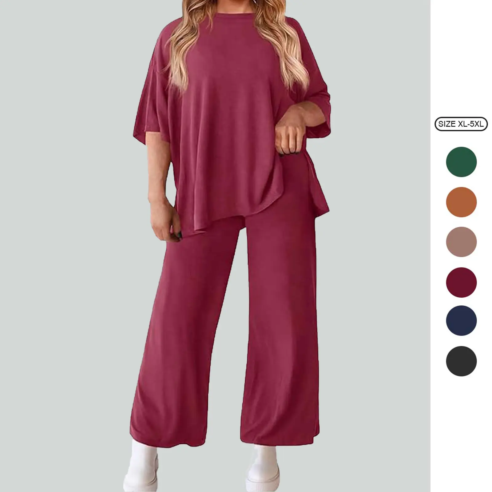 Imily Bela 【XL-5XL】Womens Plus Size Lounge Sets Short Sleeve Tops Wide Leg Pants 2 Piece Outfits Tracksuit with Pockets
