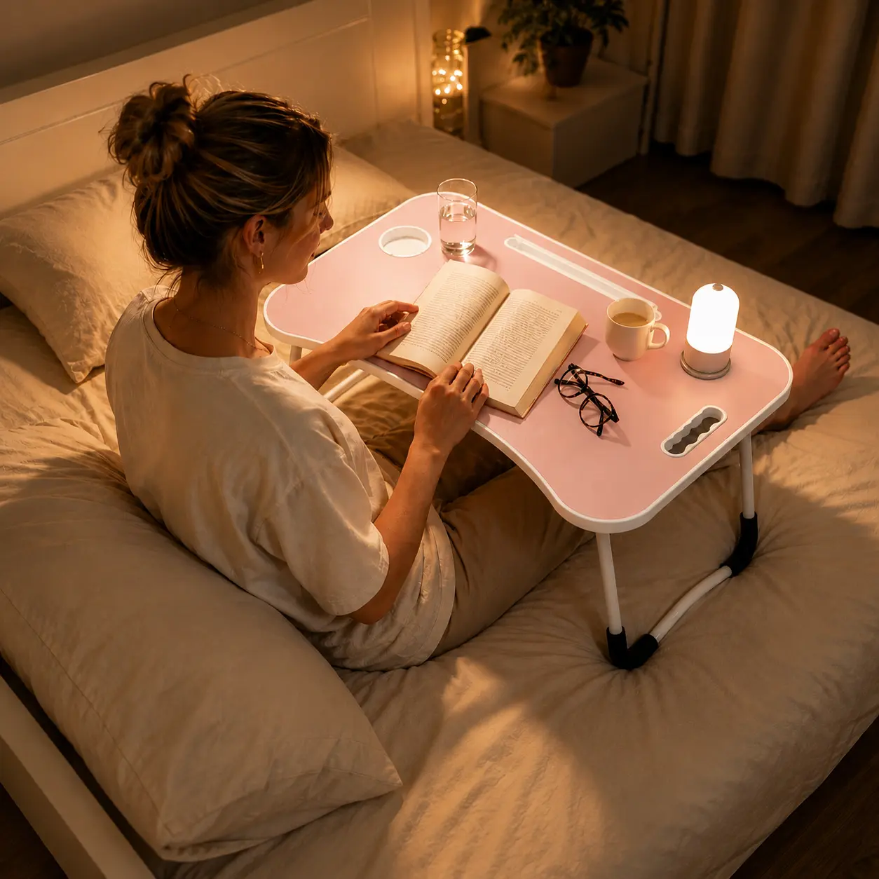 Portable Foldable Bed Table, Laptop Lap Desk with Cup Holder, Device Slot & Handle, Space-Saving Study/Writing Breakfast Tray for Bed, Sofa, Couch