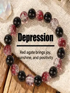 Depression Relief Red Agate Black Onyx Beaded Bracelet, Anxiety Relief Healing Crystal Bracelet, Brings Joy Sunshine Positivity Spiritual Jewelry, Reiki Chakra Balancing Bracelet for Women Men, Mental Health Gift for Her Him