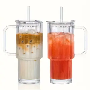 1/2 piece Vertical Striped Glass Straw Cup, With Handle & Seal Lid, Classic Texture Leak-Proof Portable, Large Capacity For Refreshing Drink Easy to Clean, Multi-Use for Coffee Juice Milk Smoothie Tea, Home Office Outdoor Elegant Practical