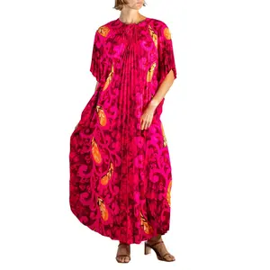 1970S KAMEHAMEKA Pink & Red Cotton Barkcloth Pleated Hawaiian Kaftan Dress