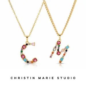 Rainbow Multi-Color Crystal Initial Letter Necklace