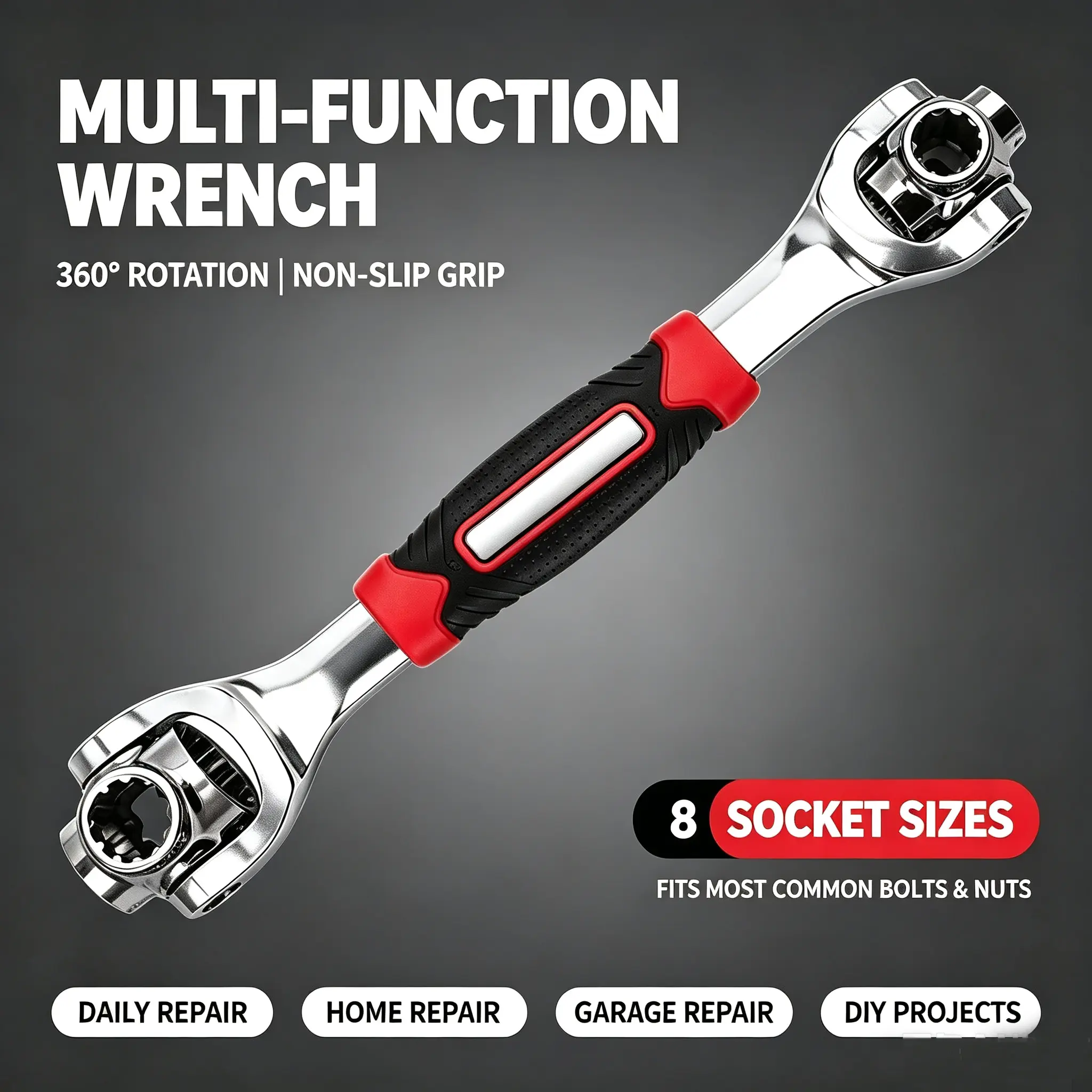 360° Rotating Ratcheting Wrench | Dual Head Multi-Socket Tool | Heavy Duty Cr-V Steel Anti-Rust | Universal Spanner for Car Repair, Bike Fix, DIY Home Projects & Furniture Assembly | Ergonomic Non-Slip Grip
