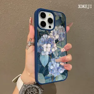 Blue Hydrangea Art Pattern Premium Magnetic Phone Cases for iPhone 17 Air 16 15 14 Pro Max 13 12 11 Plus Smartphone Shockproof Protection Acrylic Cover Cellphone Protective magsafe magnetic case Resistance Casing