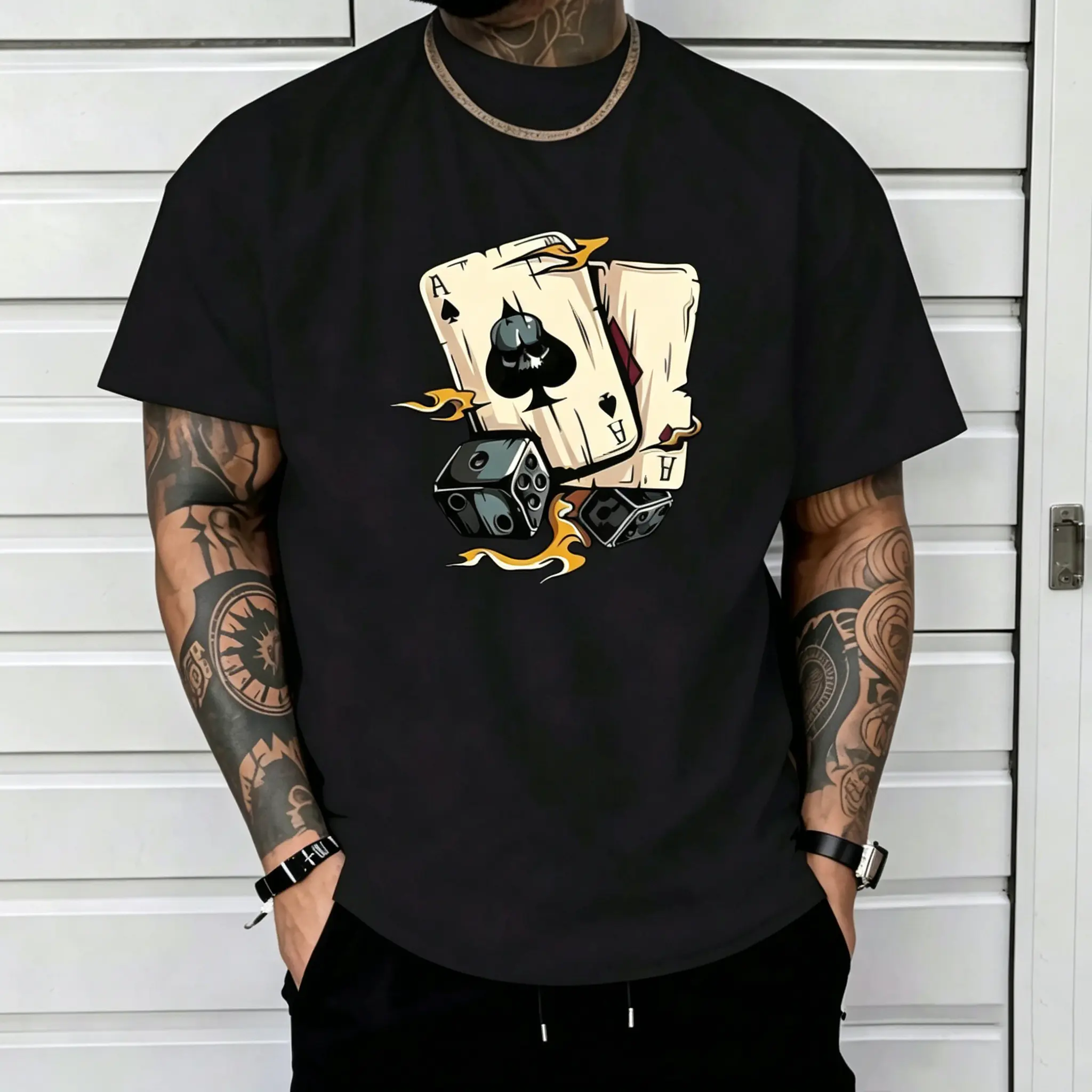 Men's Retro Poker & Dice Graphic T-Shirt, Black Spade Ace Skull Print Casual Tee, Streetwear Top