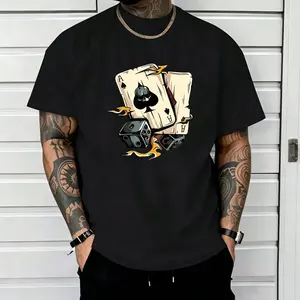 Men's Retro Poker & Dice Graphic T-Shirt, Black Spade Ace Skull Print Casual Tee, Streetwear Top