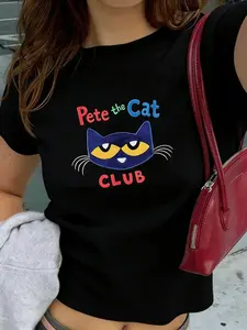 Pete the Cat Club Cartoon Black Fitted T-Shirt | Casual Cute Cat Lover Streetwear Top | Premium Cotton Fabric | Playful Retro Aesthetic | Slim Fit Silhouette | Iconic Pete the Cat Print | Versatile Daily Wear | Perfect for Cat Lovers/Kids/Book Fans