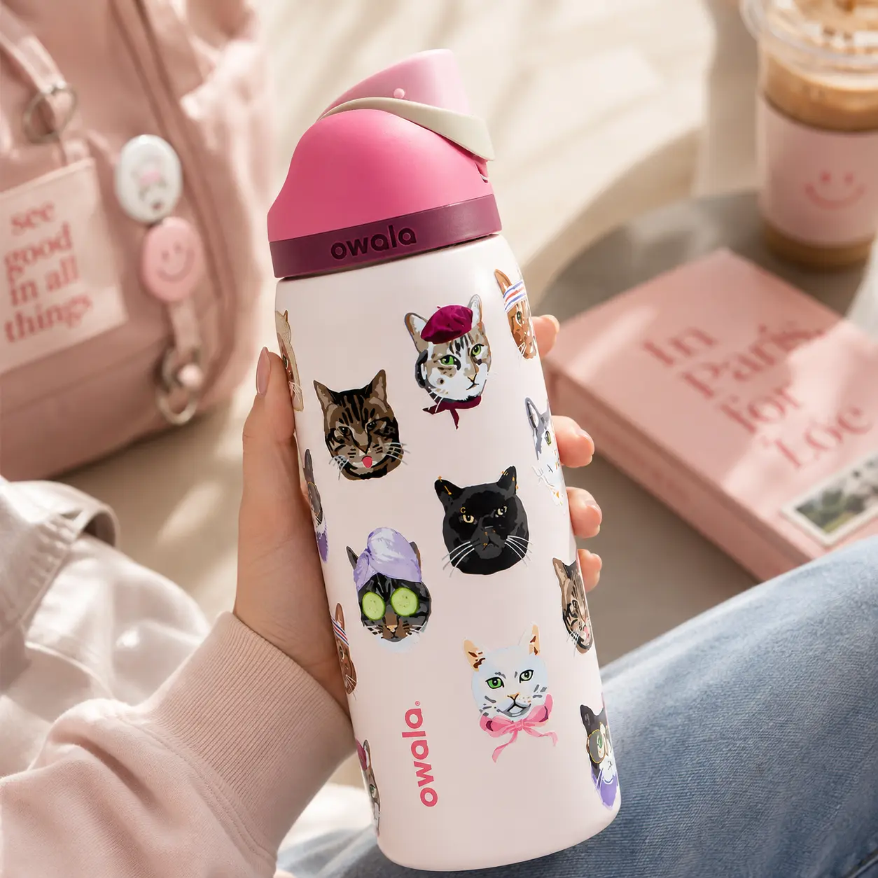 [Flash Sale] Owala 32oz Cat Collage FreeSip Bottle | Premium Stainless Steel Water Bottle with Locking Lid & 24-Hour Cold Insulation