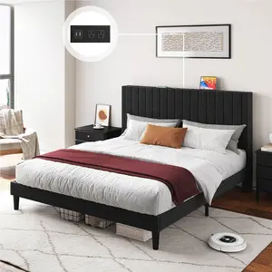 Amerlife Bed Frame, Velvet Upholstered Platform Bed with Channel Tufted Headboard and Charging Station, Mattress Foundation with Wood Slats