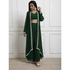 Green georgette top and flared pants with shrug