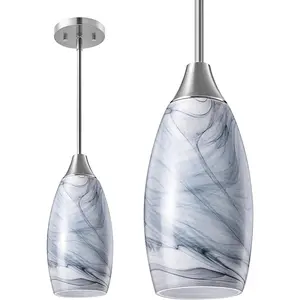 EDISHINE Hardwired Pendant Light Fixture - Handcrafted Art Glass, Grey Marble Glass Shade, Adjustable Brushed Nickel Rods, E26 Base, Electric Lantern for Kitchen Island, Bar