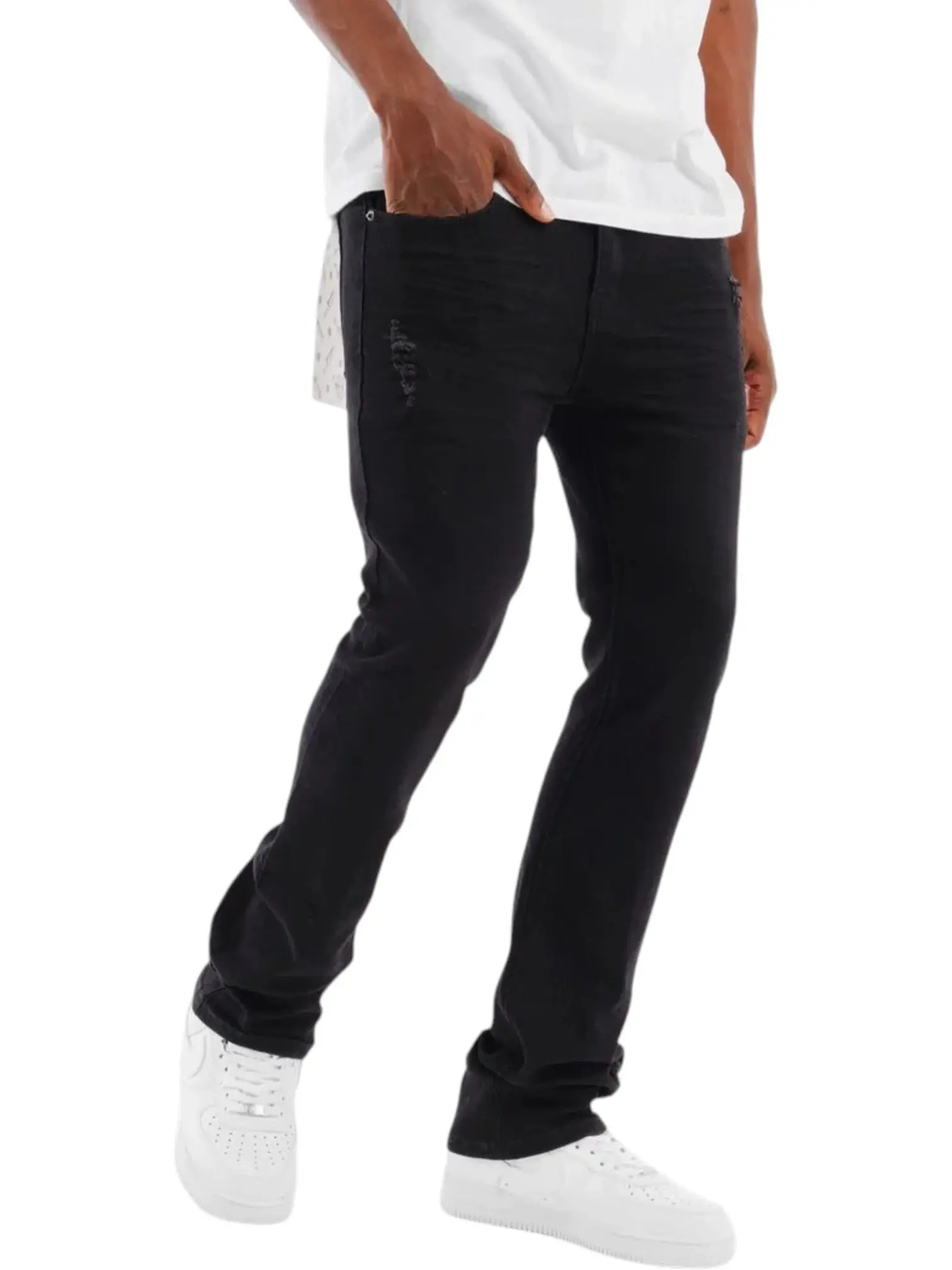 Men's Cotton-Spandex Twill Jeans - Copper Rivets, 3D Whiskered, Flare Fit (Black) 533205