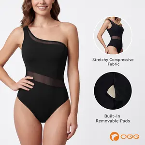 OQQ Womenswear Swimsuit Mesh Sheer One Shoulder Panel One-Piece Modern Swimsuit Tummy Control Bathing Suit