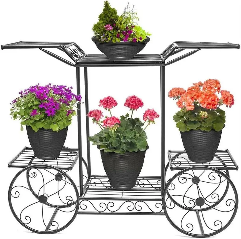 6-Tier Garden Cart Stand & Flower Pot Metal Plant Holder Display Rack, Black Organiser