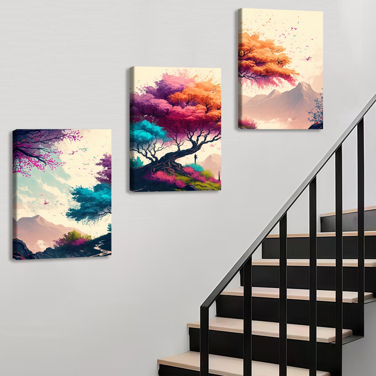 3Pcs Wooden Framed Canvas Painting, Colorful Fantasy Tree And Mountain Landscape, Exquisite Poster, Home Decoration, Pattern Wall Art Decor, For Living Room, Bedroom, Office, Restaurant, Bar Wall Decor, Odorless, Painting, Print Artwork.