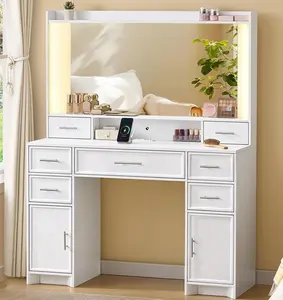 VIAGDO Makeup Vanity Desk with Mirror and Lights, White Vanity Table with 3 Color Lights, 7 Storage Drawers and Large Mirror for Women,White, vanity beauty