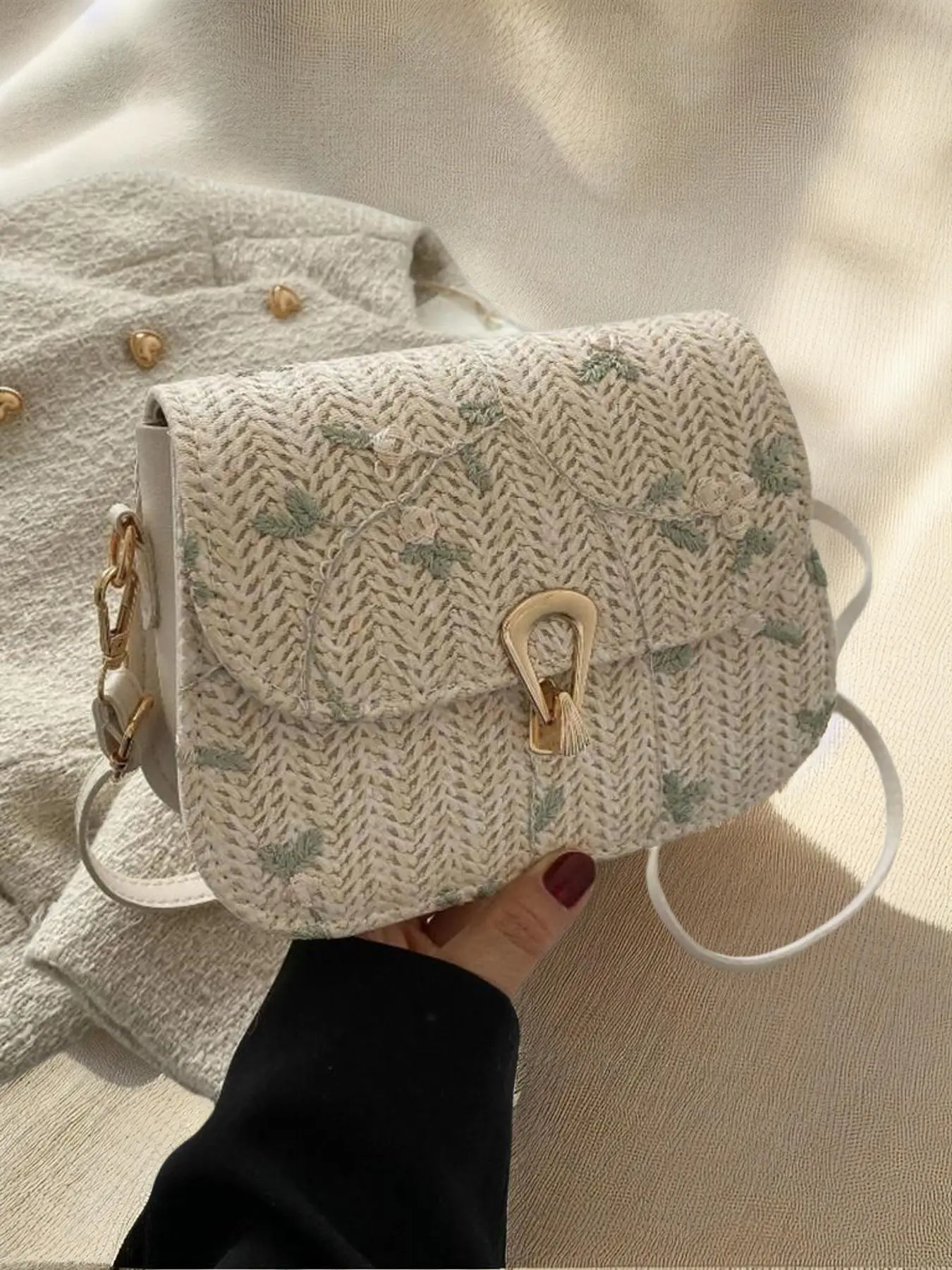 Women's Elegant Flower Embroidered Straw Crossbody Bag, Fashionable Versatile Flap Square Bag, Trendy Shoulder Bag for Daily Use