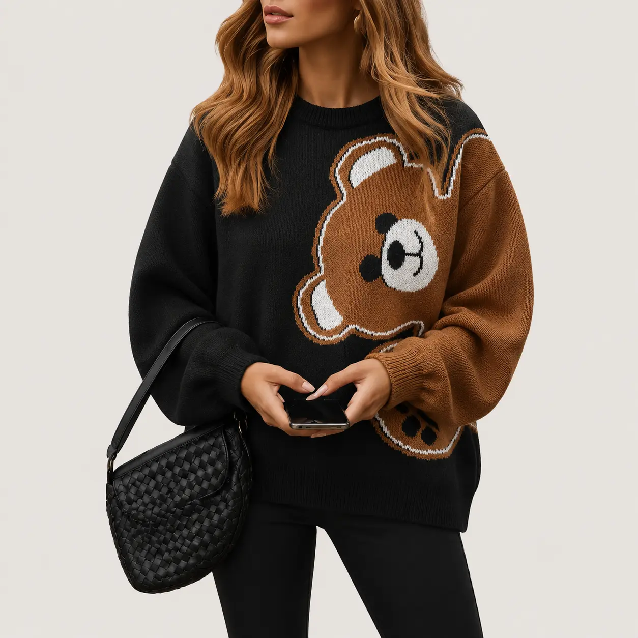 Women's Cartoon Bear Jacquard Sweater, Baggy Long Sleeve Pullover, Comfortable Casual Crew Neck Knit Top