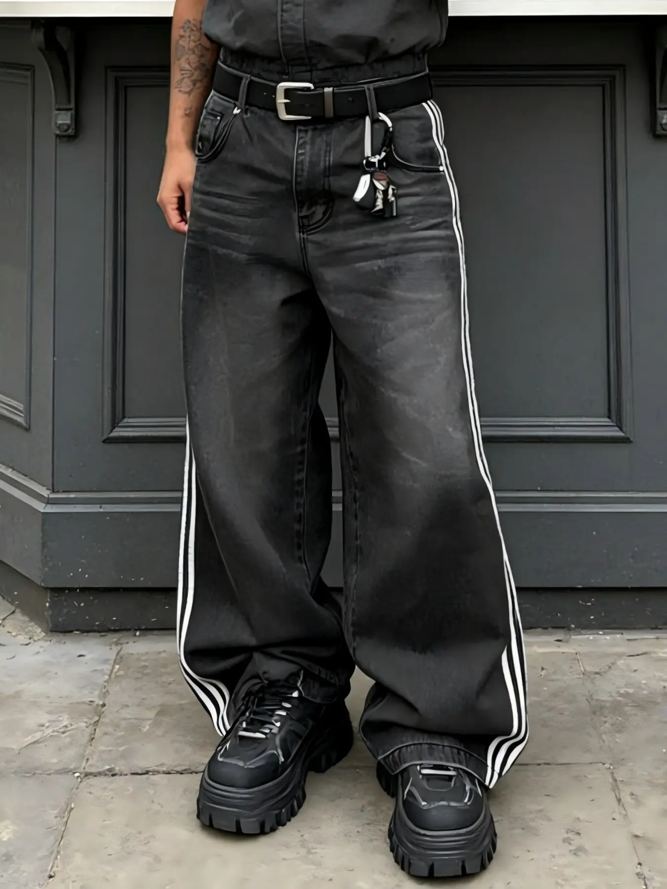 Men's Classic All-Season Casual Fashion Jeans, Striped Side Design, Loose-Fitting High Street Style, Zipper Fly, Daily Commute Pants, Menswear