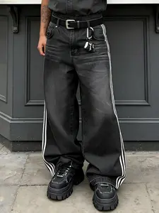 Men's Classic All-Season Casual Jeans, Striped Side Design, Loose-Fitting High Street Style, Zipper Fly, Daily Commute Pants, Streetwear, Pocket, Trouser