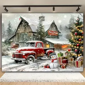 1pc 2D Flat Red Vintage Bus Christmas Backdrop, Winter Forest Scene with Gifts, Universal Holiday Polyester Party Decoration, Non - Electric General Use Photography Cloth for Indoor/Outdoor Decor, Live Streaming -