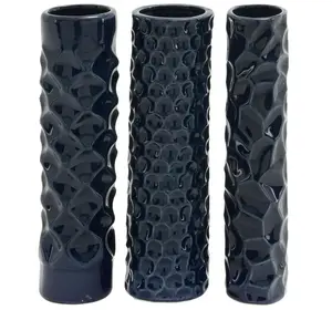 3W, 12H Dark Blue Ceramic Vase with Varying Patterns, Set of 3