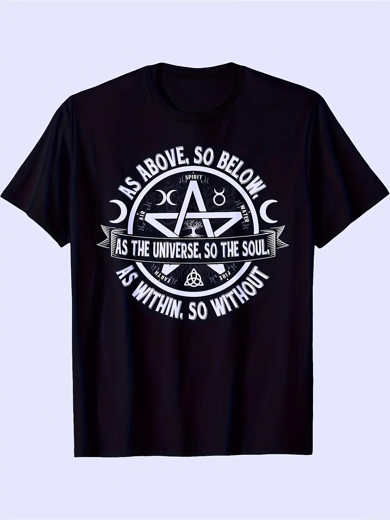 Men'S Plus Size Gothic T-Shirt Featuring Wiccan And Pagan Designs, Including The Phrase 'As Above So Below' And a Five-Pointed Star Pentagram, Along with Celtic Knots And Wiccan Symbols Like The Inverted Pentagram And The Triple Goddess