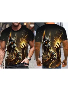 Anubis Print Egyptian Theme T-Shirt, Comfortable Fabric with Egyptian Deity Design, Casual Round Neck Tee for Theme Parties & Daily Wear