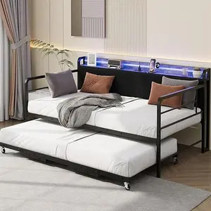 Modern Twin Daybed with Pop-Up Trundle - Metal Frame, Charging Station & LED Light, Corduroy Upholstered Storage Headboard - Ideal for Living Room, Bedroom, Guest Room - Black/White