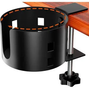 Upgraded Large Desk Cup Holder Clamp,  Anti-Spill Table Cup Holder, Metal Office & PC Gaming Desk Accessories, Compatible with Universal Cup, Bottles, Pencil Holder (Black)